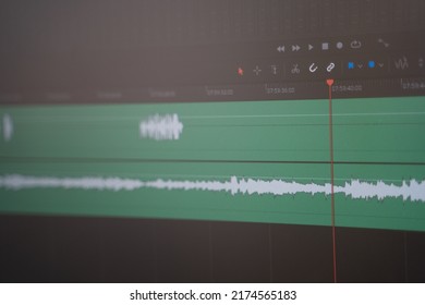 Editing and working with sound in a special program. Monitor screen with audio track