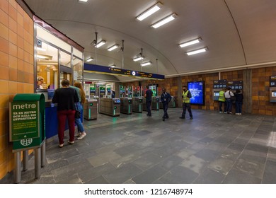 Editor 08.23.2018 Stockholm Sweden, People Buying Tickets At The Metro Station At Gärdet