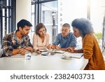 Editor, planning and teamwork in business meeting, office or press newspaper with writers in publishing. News, agency and group of people with strategy for report, newsletter and review of ideas