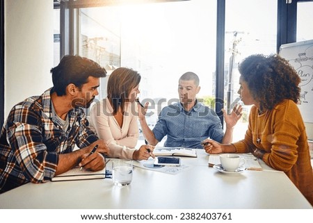 Editor, planning and teamwork in business meeting, office or press newspaper with writers brainstorming. News, agency and group of people with strategy for report, newsletter and review of ideas