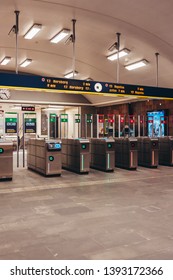 Editorial 03.27.2019 Stockholm Sweden. Baffle Gates On The Gärdet Subway Station Before Access To The Platform