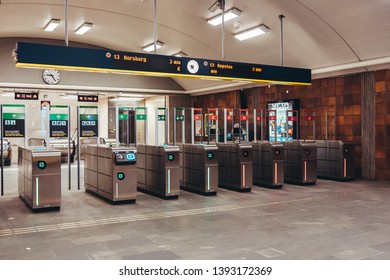 Editorial 03.27.2019 Stockholm Sweden. Baffle Gates On The Gärdet Subway Station Before Access To The Platform