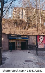 Editorial 03.27.2019 Stockholm Sweden. Entrance To The Subway Station At Gärdet On A Spring Day