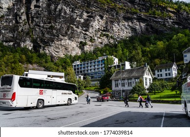 Editorial 09.07.2019 Geiranger Norway Tourists In The Town On A Summer Day