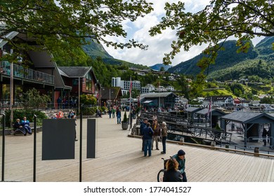 Editorial 09.07.2019 Geiranger Norway Tourists Walking Around The Streets Of Geiranger, A Town In The End Of A Big Fjord