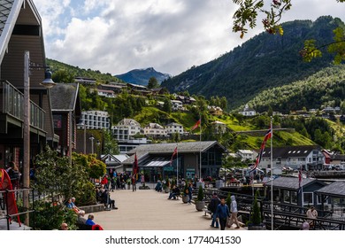 Editorial 09.07.2019 Geiranger Norway Tourists Walking Around The Streets Of Geiranger, A Town In The End Of A Big Fjord