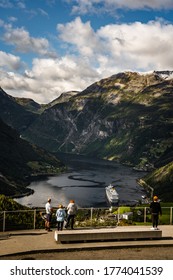 Editorial 09.07.2019 Geiranger Norway Tourists Looking Down On Geiranger Fjord From A View Point On The Mountainside