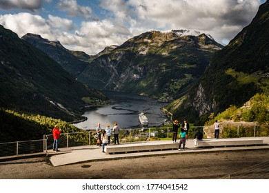 Editorial 09.07.2019 Geiranger Norway Tourists Looking Down On Geiranger Fjord From A View Point On The Mountainside