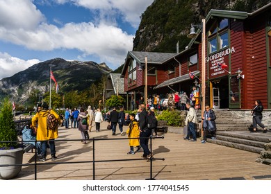 Editorial 09.07.2019 Geiranger Norway Tourists Visiting The Small Town On A Summer Day