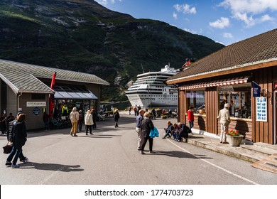 Editorial 09.07.2019 Geiranger Norway Tourists Visiting The Small Town On A Summer Day