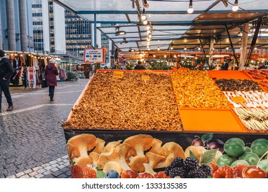 Editorial 12.17.2018 Stockholm Sweden, Market At Hötorget Selling Swedish Mushrooms In Winter Weather