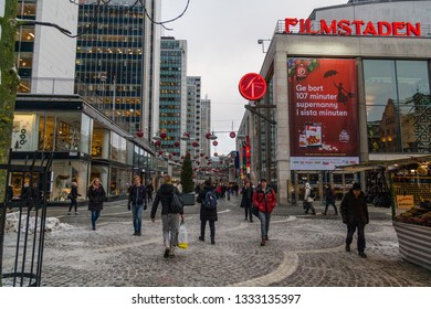 Editorial 12.17.2018 Stockholm Sweden, People Walking At Hötorget And The Big Office Buildings In Downtown On A Cold Day