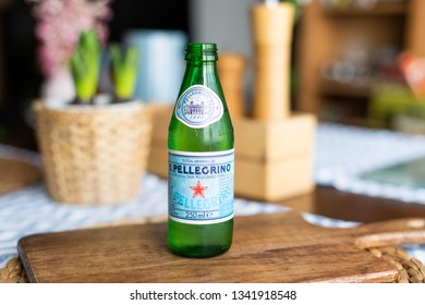 Editorial - 250ml Glass San Pellegrino Natural Sparkling Water Bottle On A Table With Natural Light. Mineral Water. Istanbul / Turkey 16/03/2019