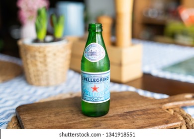 Editorial - 250ml Glass San Pellegrino Natural Sparkling Water Bottle On A Table With Natural Light. Mineral Water. Istanbul / Turkey 16/03/2019