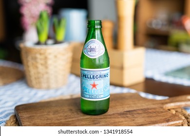 Editorial - 250ml Glass San Pellegrino Natural Sparkling Water Bottle On A Table With Natural Light. Mineral Water. Istanbul / Turkey 16/03/2019