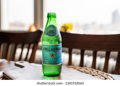 Editorial - 250ml Glass San Pellegrino Natural Sparkling Water Bottle On A Table With Natural Light. Mineral Water. Istanbul / Turkey 16/03/2019