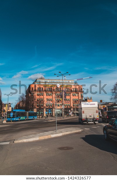Editorial\
27.03.2019 Stockholm Sweden. House of the Aftonbladet newspaper in\
the corner of heavily trafficed\
street