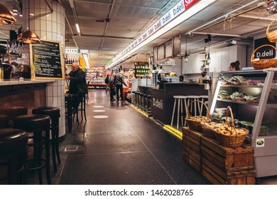 Editorial 29.3.2019 Stockholm Sweden Inside The Indoor Shopping Market Of Hötorget With Many Sellers Of Different Foods