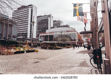 Editorial 29.3.2019 Stockholm Sweden Hötorget Market Square In Downtown With Flower Sellers And The Commercial Area Behind