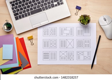 Editorial Design. Graphic Designer Desk With Magazine Layout Designs. Flat Lay