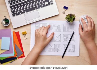 Editorial design. Graphic designer working on magazine layout designs. Flat lay - Shutterstock ID 1482318254