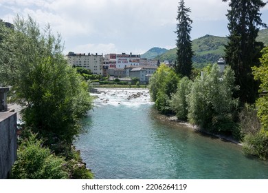 Editorial. July, 2022. Lourdes, France. River Gave De Pau In The City Of Lourdes, Hautes-Pyrenees, France.