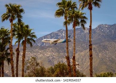 Editorial March 30, 2019: An Alaska Airlines Plane Approaching Landing In Palm Springs, California, USA.