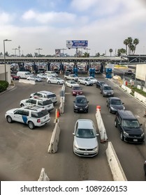 Editorial May 10, 2018: US Mexico Border Crossing In Otay Mesa, San Diego. Photo Shows Border Patrol Cars Parked In Front Of Entry Into USA From Mexico.