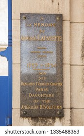 Editorial: PARIS, ILE DE FRANCE, FRANCE, August 04, 2018 - Plaque In Souvenir Of General Lafayette At The Entrance Of The Picpus Cemetery