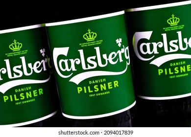 Editorial photo on Carlsberg theme.  Illustrative photo for news about Carlsberg - a Danish multinational brewer. Novosibirsk,Russia - June, 1 - 2021