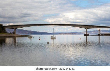 Editorial Scotland, UK - April 27, 2022: The Skye Bridge, a road bridge over Loch Alsh, Scotland, connecting the Isle of Skye to the mainland.
