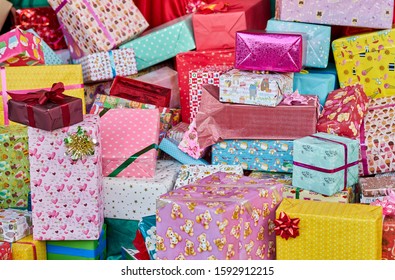 Editorial use only; beautifully wrapped colourful Christmas gifts, taken at Pathumthani, Thailand, in December 2019.   - Shutterstock ID 1592912215
