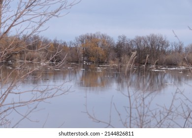 Editorial Use Only: Flood Waters Have Swallowed The Bank On Area Of The Red River Near Selkirk, Manitoba Canada April 10, 2022