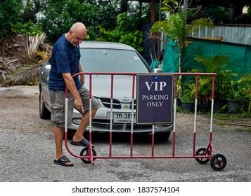 Editorial Use Only; A Funny VIP Parking Sign, In A Hotel Car Park, Which Has A Missing Wheel, Taken At Phetchaburi, Thailand, In October 2020.            