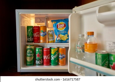 Editorial Use Only; A Hotel Mini Bar Fridge, Filled With Beers, Snacks, And Soft Drinks, Taken At Pattaya, Thailand, In January 2020.