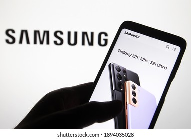 Editorial use only, illustrative. In this photo illustration on a phone screen is seen a page of Samsung website with pre-order of Samsung Galaxy S21 smartphone. Kyiv, Ukraine, January 14, 2021