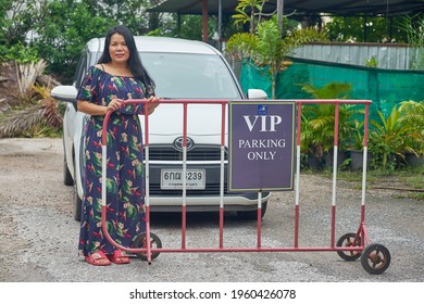 Editorial Use Only; A Lady Stands Behind A VIP Parking Sign, In A Car Park, Taken At Phetchaburi, Thailand, In November 2020.            