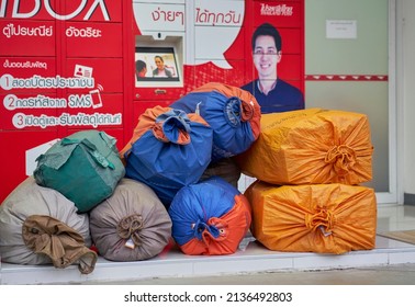 Editorial use only; large bags of mail outside a Thai post office, taken at Pathumthani, Thailand in March 2021.      