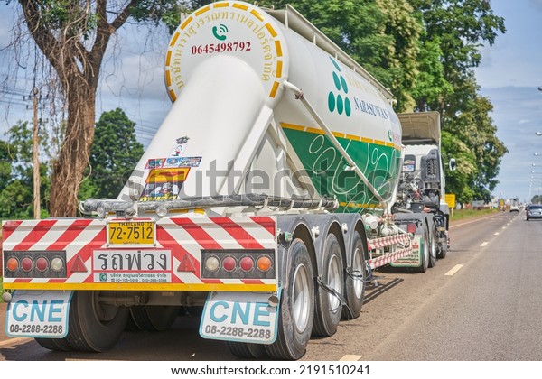 Editorial use only; a large truck on a country road,
transporting food stuff, taken at Buriram, Thailand, in July 2022. 
         