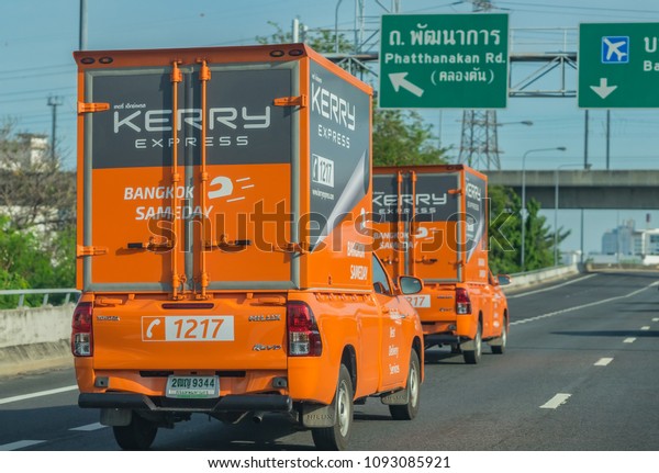 Editorial use only;\
logistics trucks on an expressway, taken at Bangkok, Thailand, on\
May 17th, 2018.