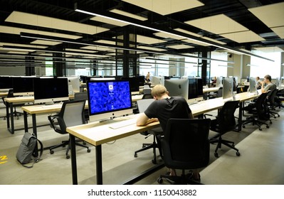 Editorial use only. People working at computers at the large computer room. National hackathon organized by General Staff of the Armed Forces of Ukraine. July 23, 2018. Kiev, Ukraine 