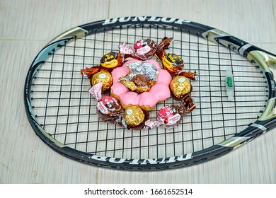 Editorial Use Only; A Tennis Racket And Candy, Concept, Sweet Spot, Taken At Pathumthani, Thailand, In March 2020.       