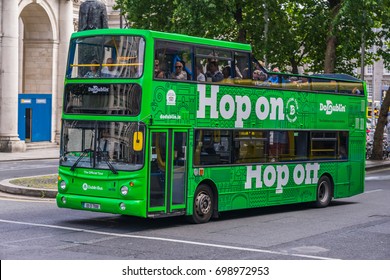 Editorial use only; tourists on a sightseeing tour bus, taken in Dublin city, Ireland, on July 28th, 2017.