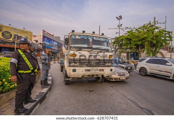 Editorial\
use only; a truck and small car collide at Pattaya, Thailand, on\
April 26th, 2017.                            \
