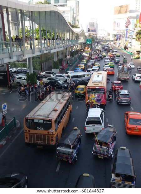 Editorial - very bad\
traffic jam during rush hour in the morning on March 16, 2017 at\
Bangkok city,\
Thailand.