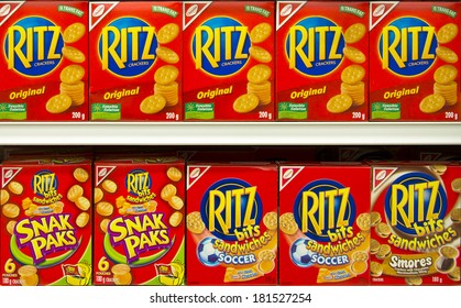 EDMONTON, AB, CANADA-March 12, 2014: Ritz Cracker Boxes On Display In A Grocery Store On March 12th, 2014. 