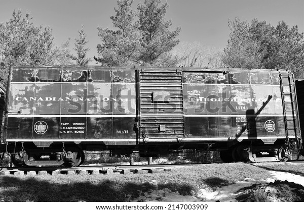Edmonton, Alberta, Canada - 04-06-2022: Black And\
White - Retired Wooden Box\
Car