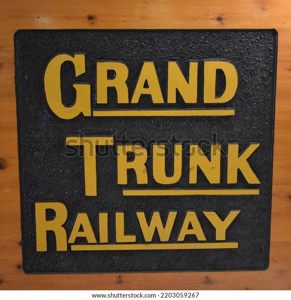 Edmonton, Alberta, Canada - 08-03-2022: Carved\
Wooden Grand Trunk Railroad\
Sign
