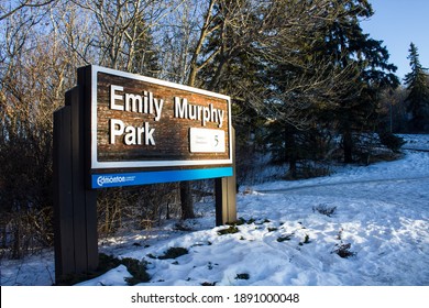 Edmonton, Alberta, Canada - January 9, 2020: Emily Murphy Park Sign In Edmonton During The Weekend. 