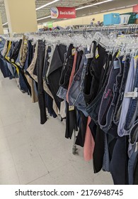 Edmonton Alberta Canada - July 10 2022: Documentary Image Of Value Village Thrift Store Showing The Interior Shelving And Racks Packed Full Of Second Hand Items.